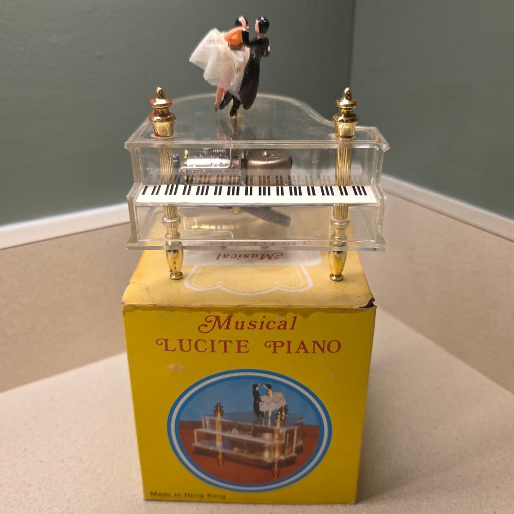 Vintage Novelty Musical Box Clear Lucite Piano with Dancing Couple Hong Kong